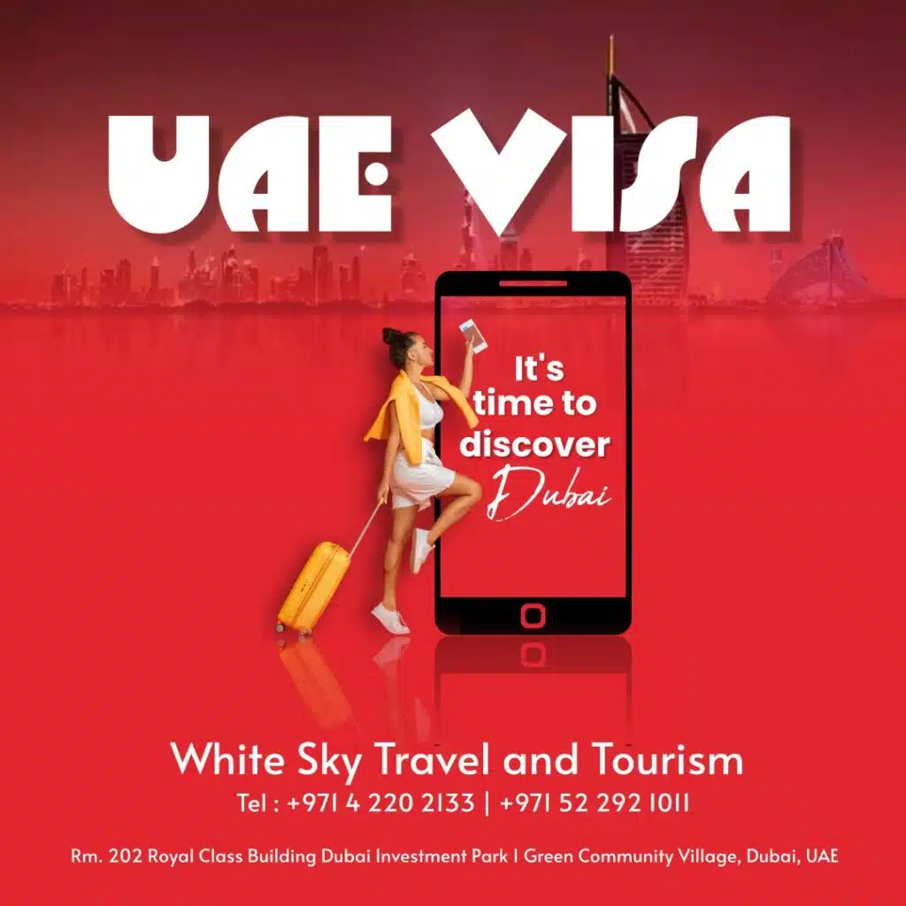 Dubai Visitor visa apply with white sky travel in Dubai