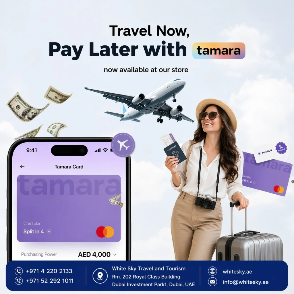 travel now pay later with tamara at white sky travel | Tamara flight booking pay later with White Sky Travel